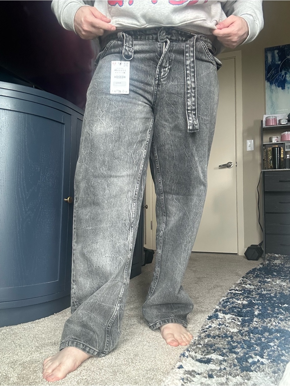 Zara Men's Washed Gray Relaxed Straight-Leg Jeans with Fabric Belt Sz 36 NWT